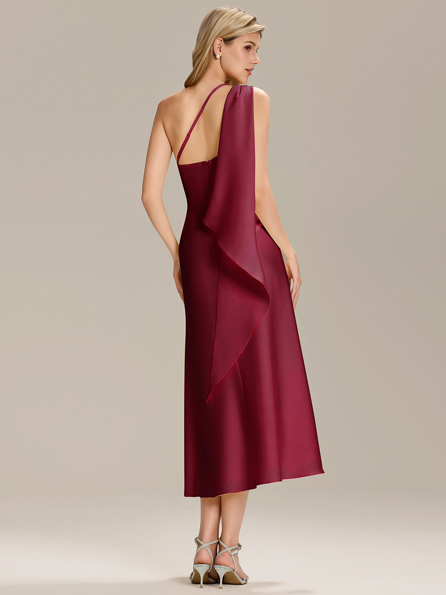 Color=Burgundy | Custom Solutions One Shoulder Gathered Non-Stretch Midi Wrap Wedding Guest Dresses-Burgundy 2