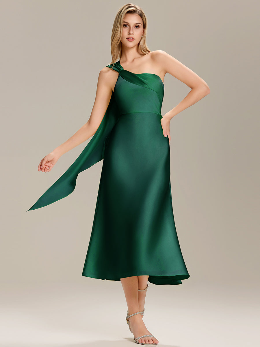 Color=Dark Green | Custom Solutions One Shoulder Gathered Non-Stretch Midi Wrap Wedding Guest Dresses-Dark Green 3
