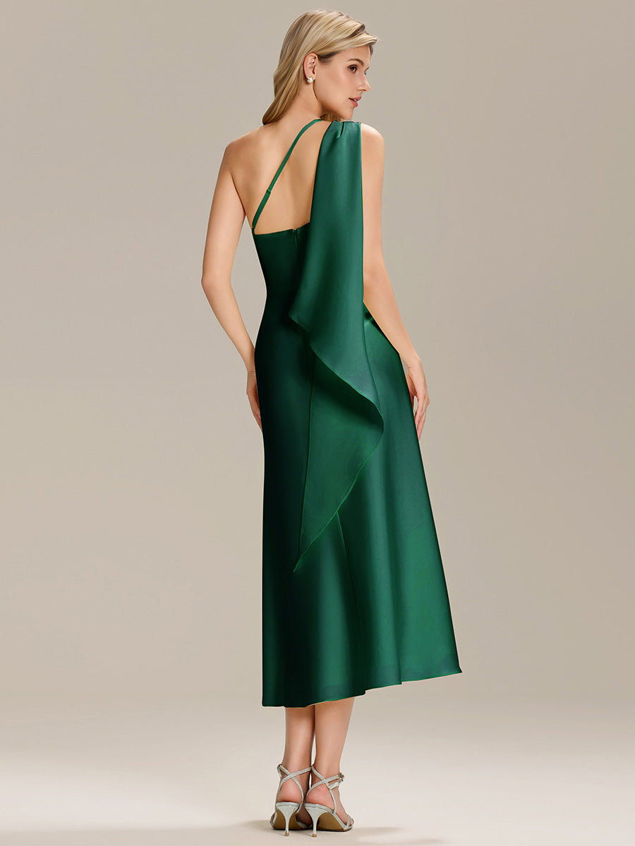 Color=Dark Green | Custom Solutions One Shoulder Gathered Non-Stretch Midi Wrap Wedding Guest Dresses-Dark Green 4