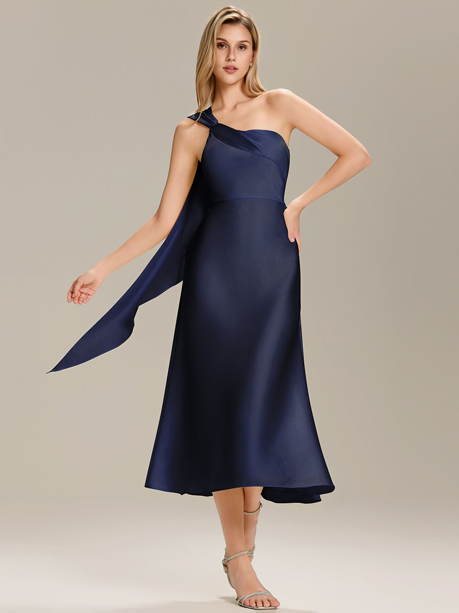 Color=Navy Blue | Custom Solutions One Shoulder Gathered Non-Stretch Midi Wrap Wedding Guest Dresses-Navy Blue 5