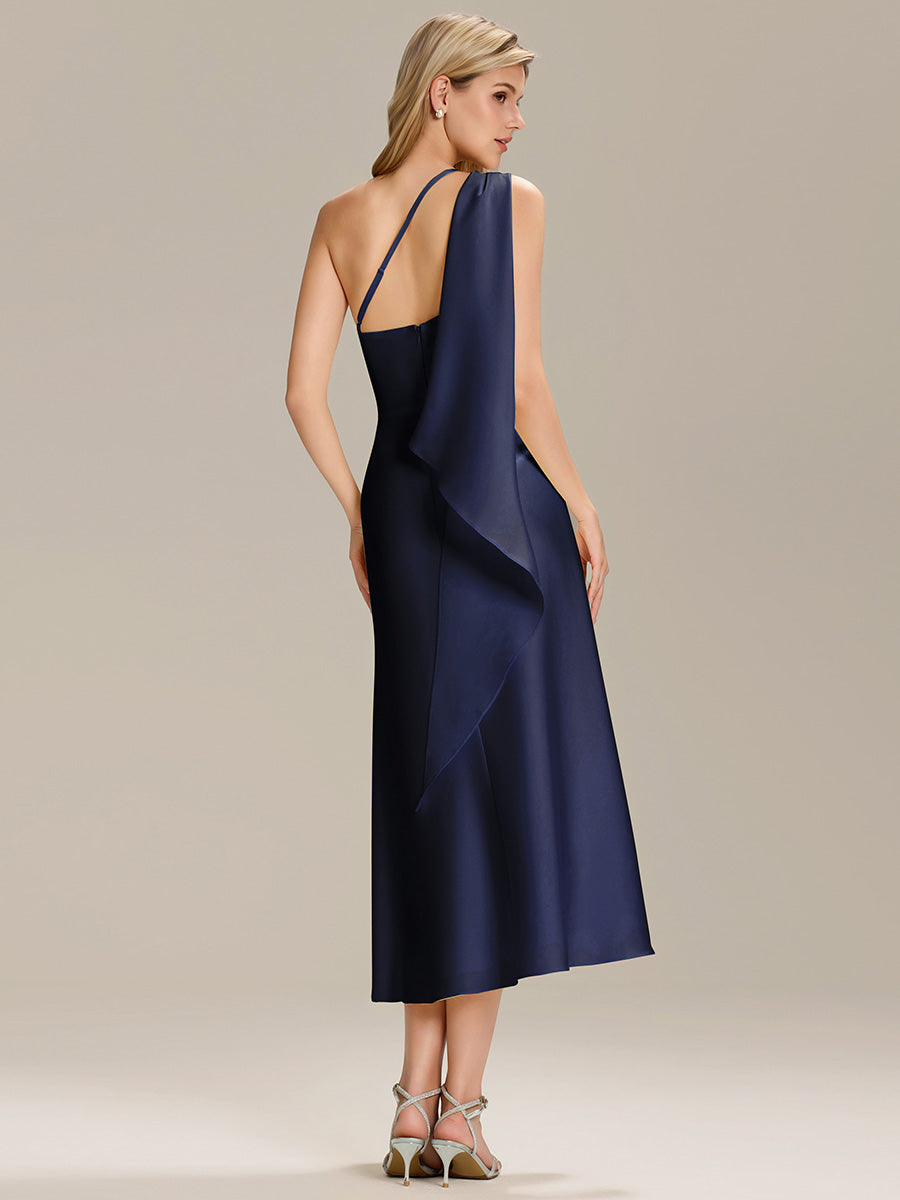 Color=Navy Blue | Custom Solutions One Shoulder Gathered Non-Stretch Midi Wrap Wedding Guest Dresses-Navy Blue 6