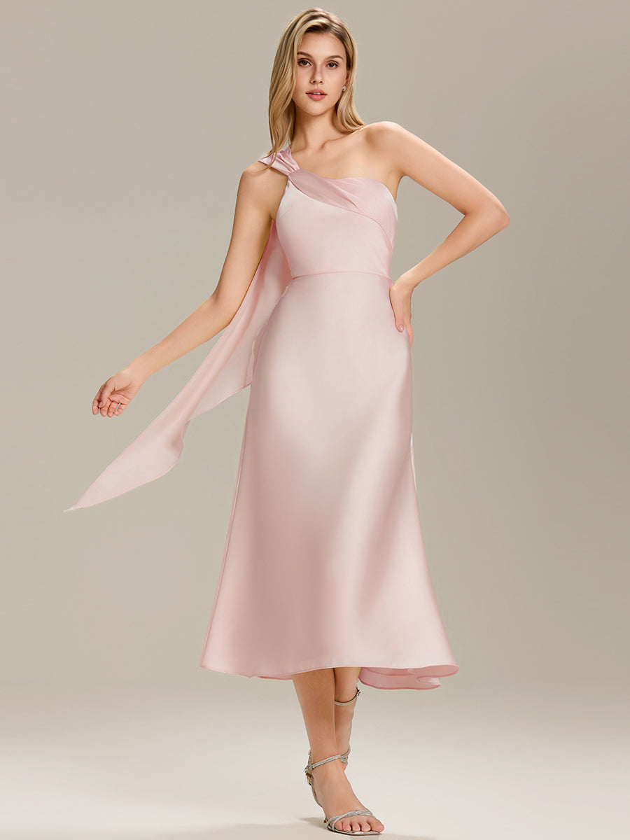 Color=Pink | Custom Solutions One Shoulder Gathered Non-Stretch Midi Wrap Wedding Guest Dresses-Pink 7