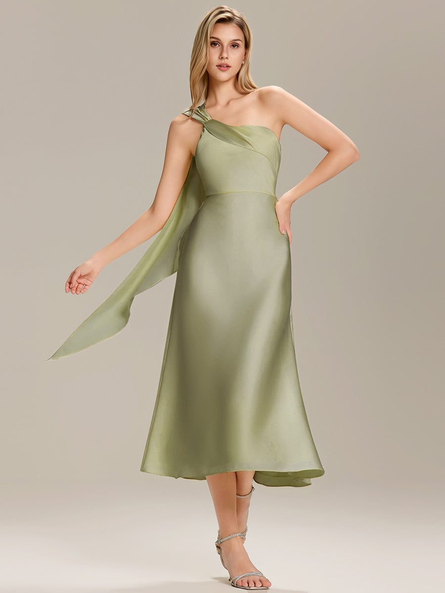Color=Sage Green | Custom Solutions One Shoulder Gathered Non-Stretch Midi Wrap Wedding Guest Dresses-Sage Green 9