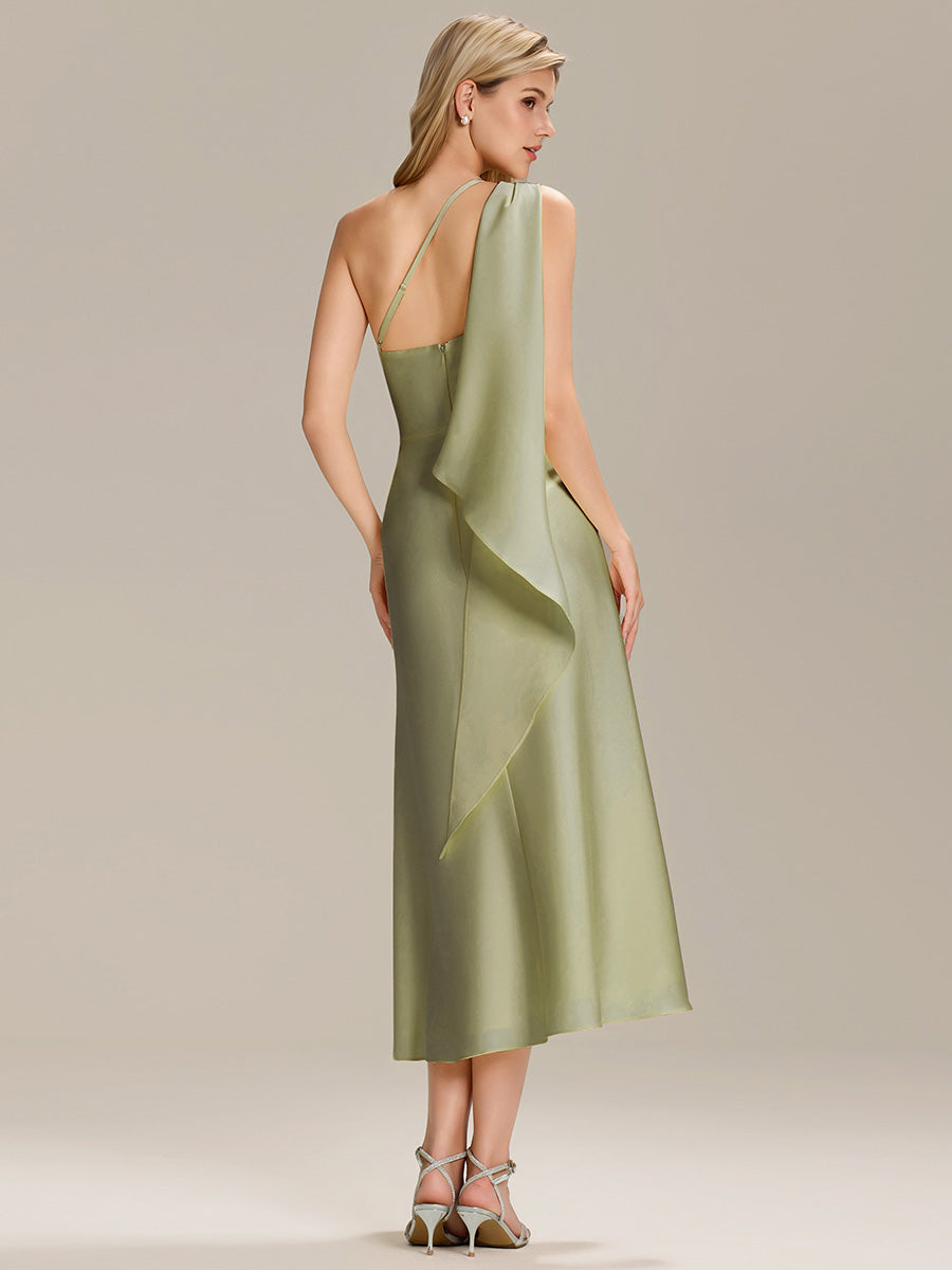 Color=Sage Green | Custom Solutions One Shoulder Gathered Non-Stretch Midi Wrap Wedding Guest Dresses-Sage Green 10