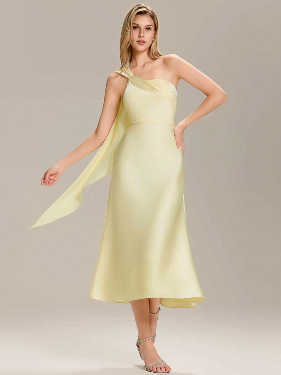 Color=Yellow | Custom Solutions One Shoulder Gathered Non-Stretch Midi Wrap Wedding Guest Dresses-Yellow 11