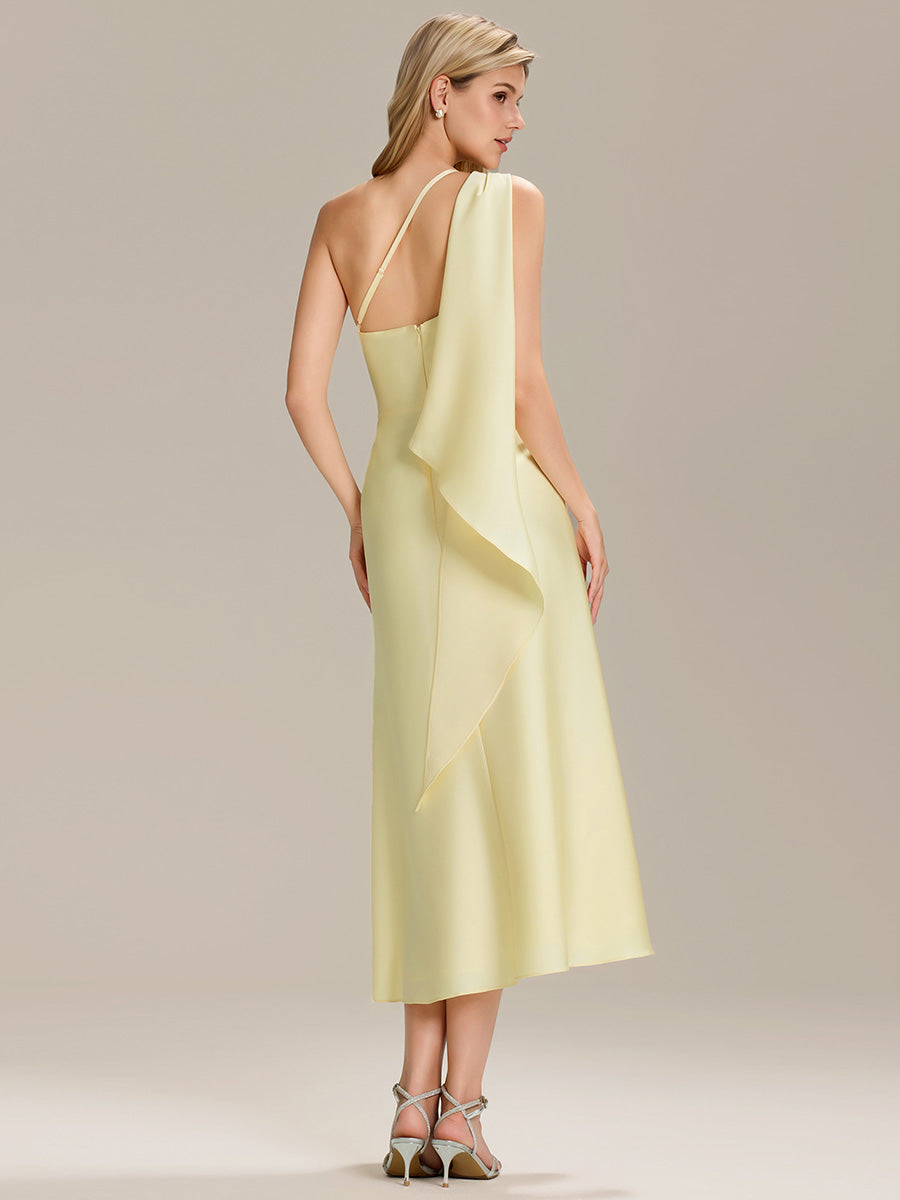Color=Yellow | Custom Solutions One Shoulder Gathered Non-Stretch Midi Wrap Wedding Guest Dresses-Yellow 12