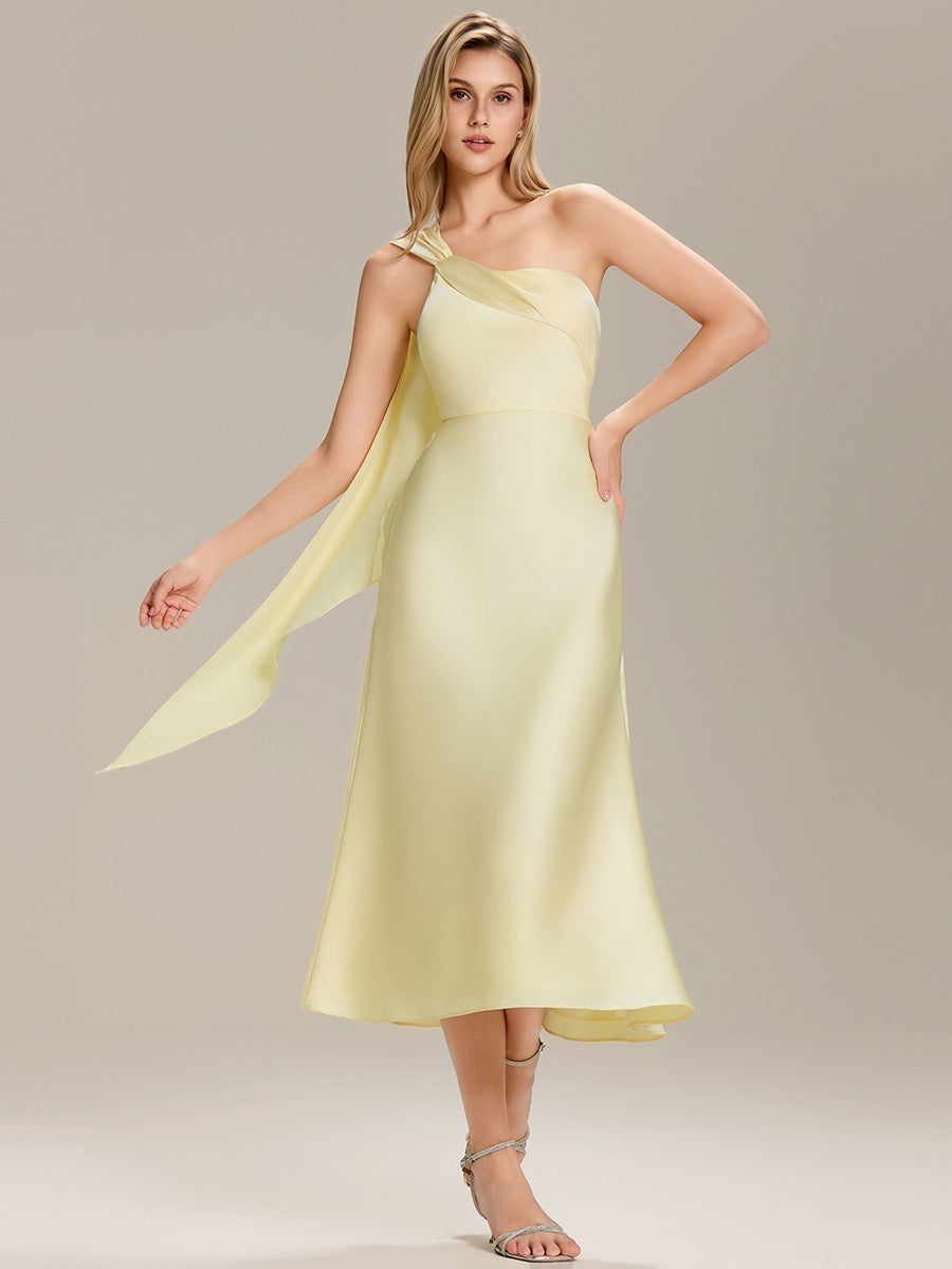 Color=Yellow | Custom Solutions One Shoulder Gathered Non-Stretch Midi Wrap Wedding Guest Dresses-Yellow 14