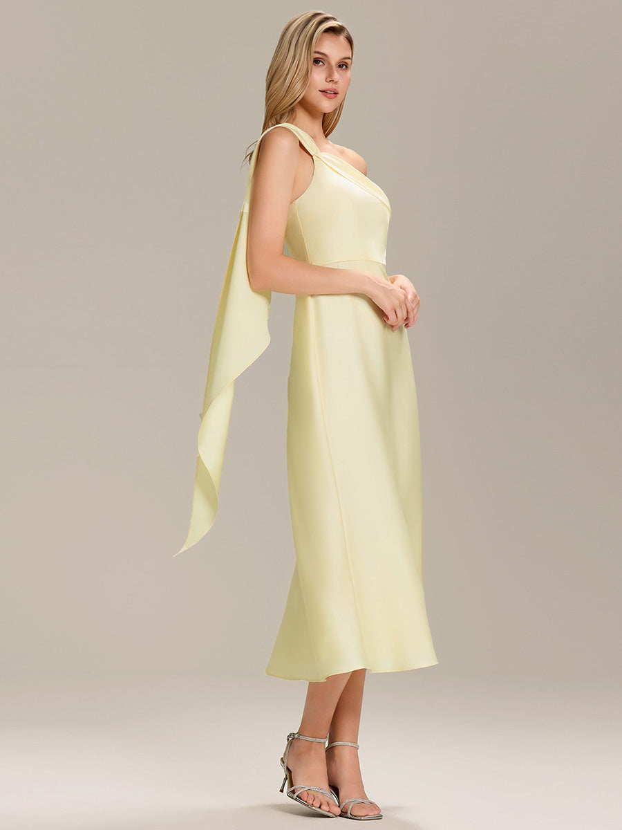 Color=Yellow | Custom Solutions One Shoulder Gathered Non-Stretch Midi Wrap Wedding Guest Dresses-Yellow 15