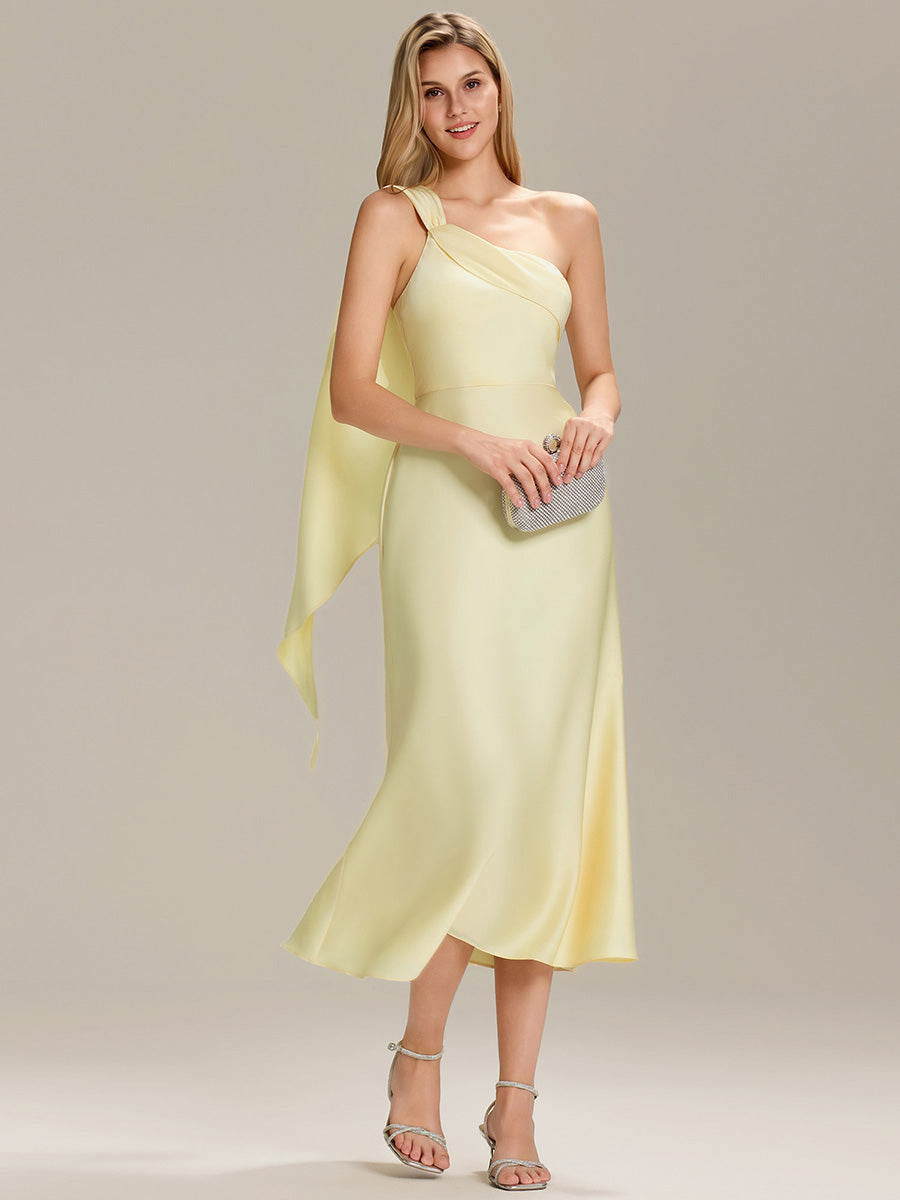 Color=Yellow | Custom Solutions One Shoulder Gathered Non-Stretch Midi Wrap Wedding Guest Dresses-Yellow 13