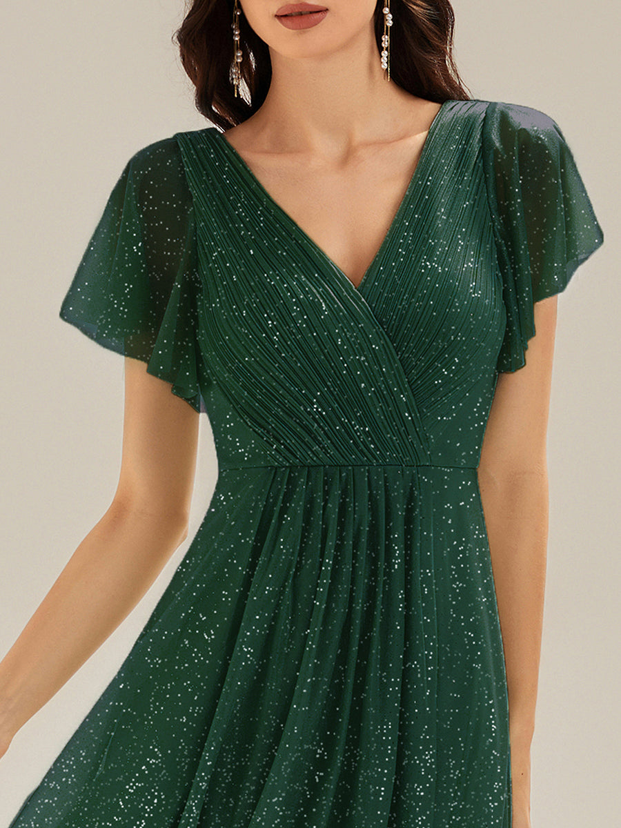 Color=Dark Green | Custom Made Short Sleeve Ruffle V-Neck Pleated Glitter A-Line High-Low Wedding Guest Dresses-Dark Green 3