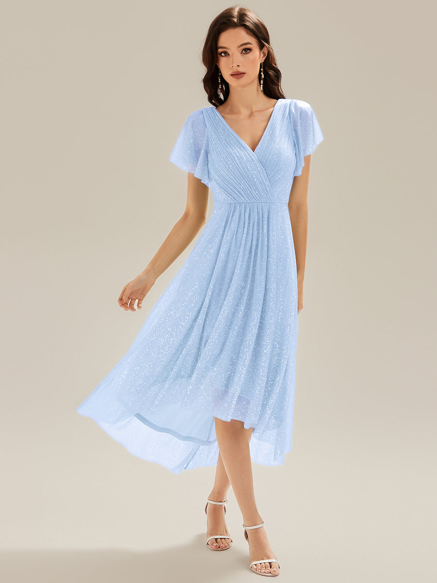Color=Ice Blue | Custom Made Short Sleeve Ruffle V-Neck Pleated Glitter A-Line High-Low Wedding Guest Dresses-Ice Blue 4