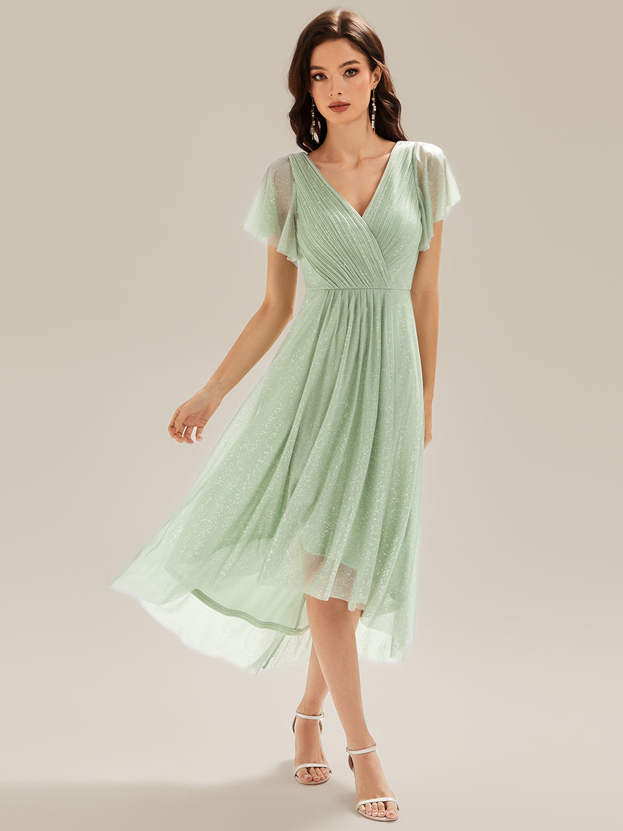 Color=Mint Green | Custom Made Short Sleeve Ruffle V-Neck Pleated Glitter A-Line High-Low Wedding Guest Dresses-Mint Green 7