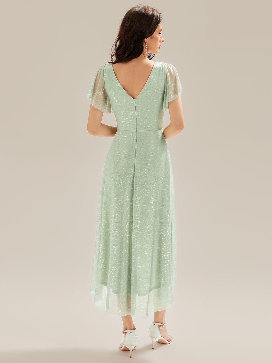Color=Mint Green | Custom Made Short Sleeve Ruffle V-Neck Pleated Glitter A-Line High-Low Wedding Guest Dresses-Mint Green 8