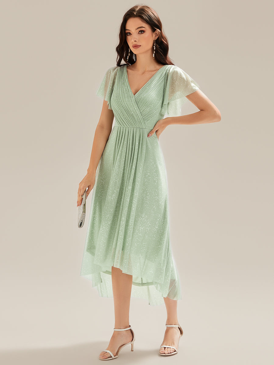 Color=Mint Green | Custom Made Short Sleeve Ruffle V-Neck Pleated Glitter A-Line High-Low Wedding Guest Dresses-Mint Green 10