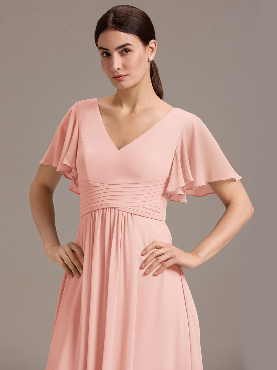 Chiffon Double V-Neck A-Line Ruffled Sleeves Bridesmaid Dress with Asymmetrical Hem #color_Pink