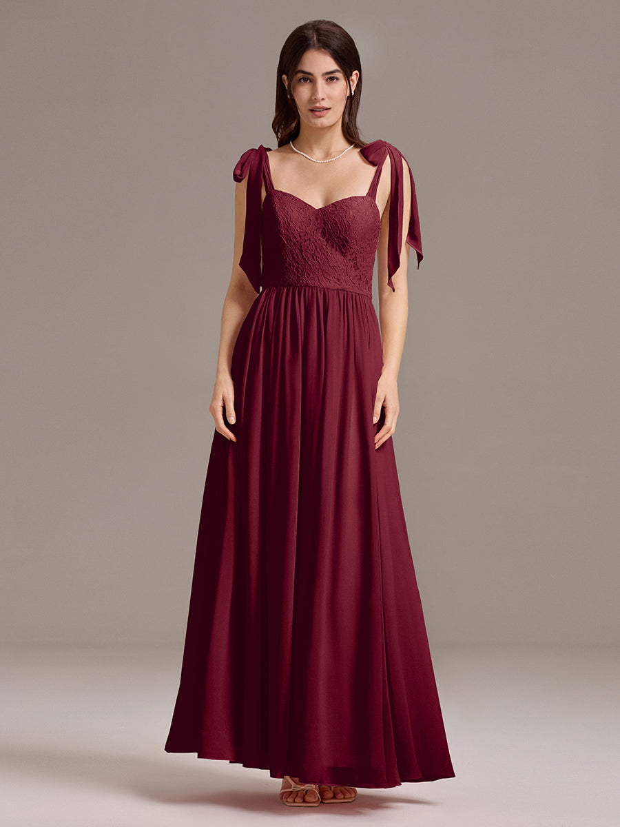 Chiffon Sweetheart Neck Bow Tie Backless A-Line Lace Bridesmaid Dress #color_Burgundy