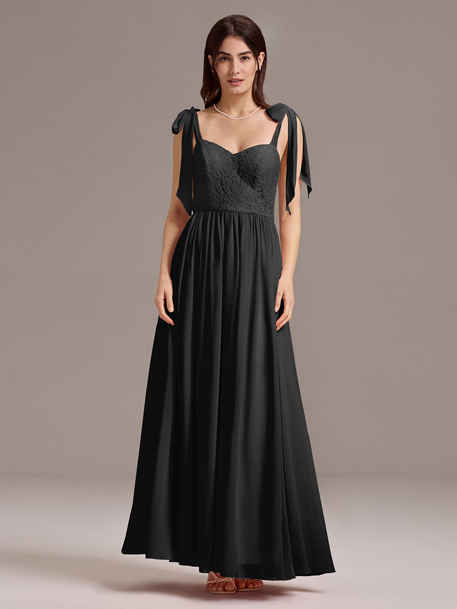Chiffon Sweetheart Neck Bow Tie Backless A-Line Lace Bridesmaid Dress #color_Black