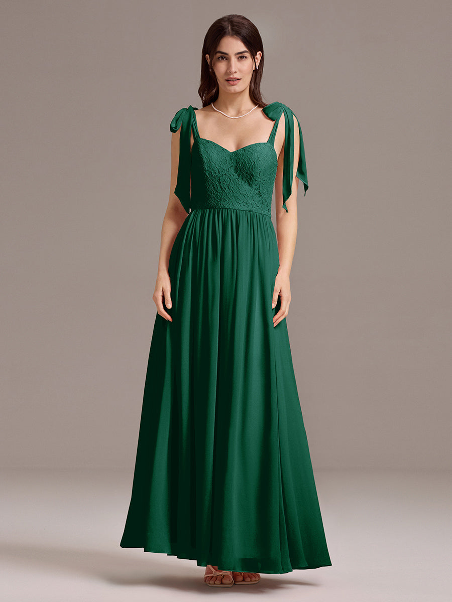 Chiffon Sweetheart Neck Bow Tie Backless A-Line Lace Bridesmaid Dress #color_Dark Green