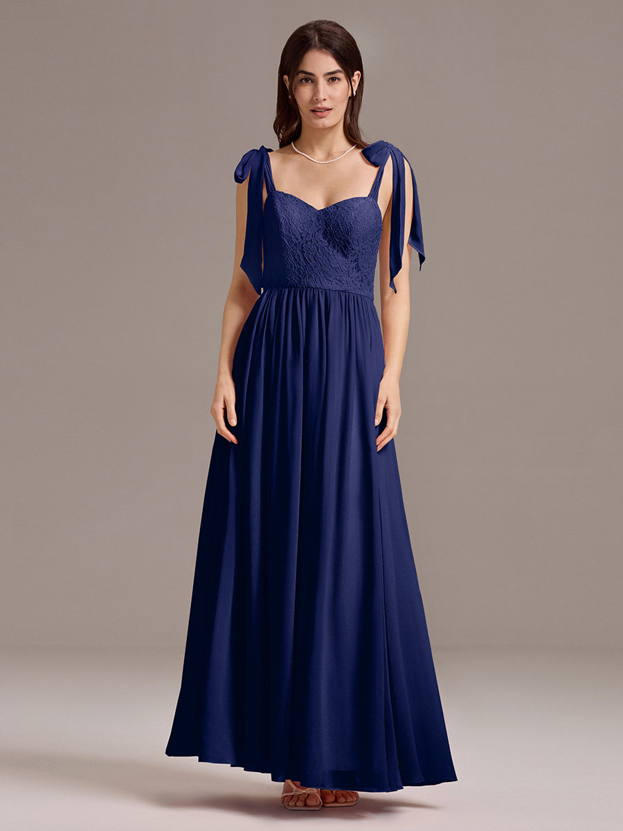 Chiffon Sweetheart Neck Bow Tie Backless A-Line Lace Bridesmaid Dress #color_Navy Blue