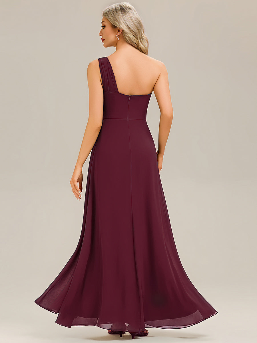 Color=Burgundy | Custom Solutions Strapless Asymmetrical Gathered Sheath Midi Bridesmaid Dresses-Burgundy 2
