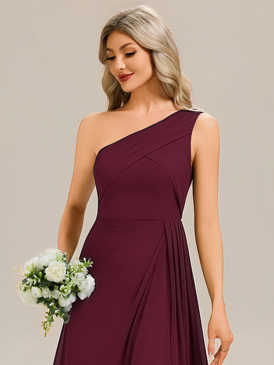 Color=Burgundy | Custom Solutions Strapless Asymmetrical Gathered Sheath Midi Bridesmaid Dresses-Burgundy 3