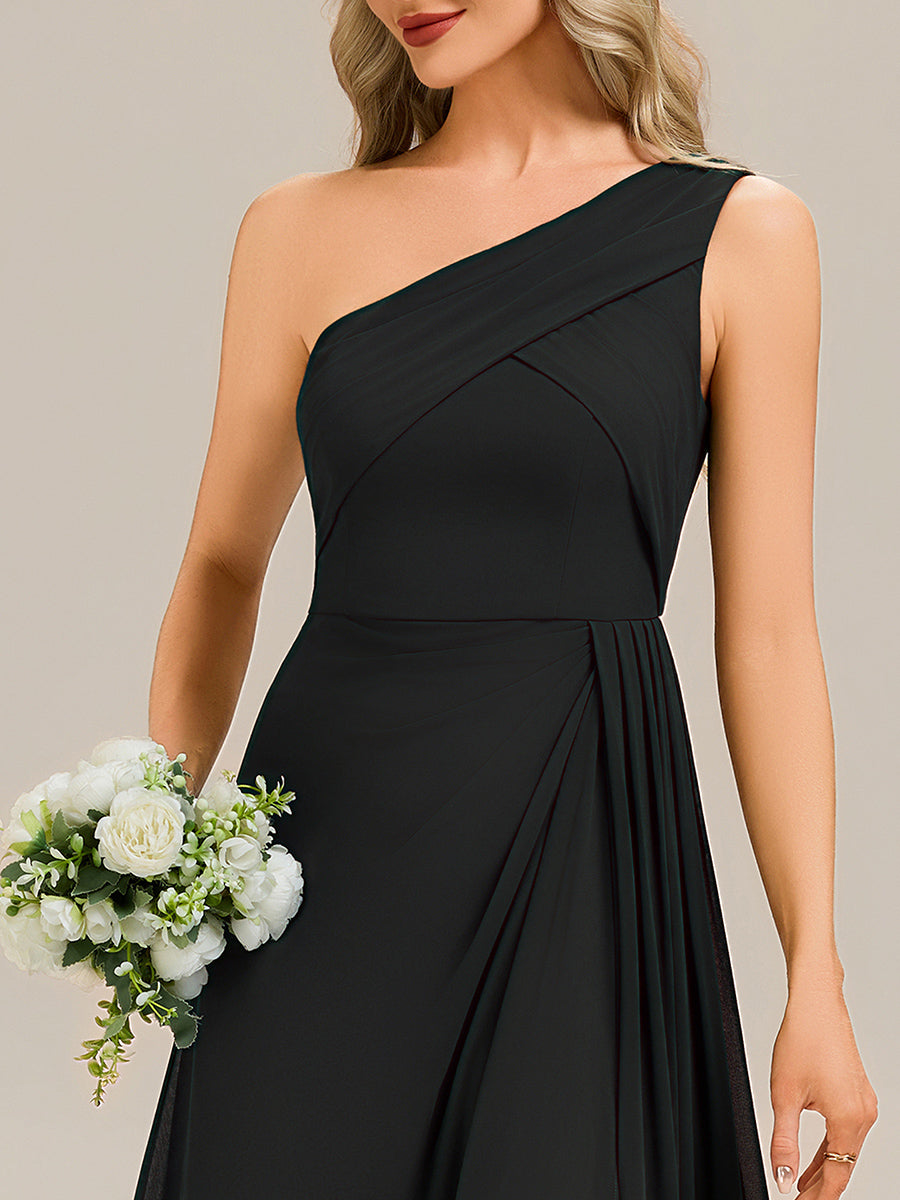 Color=Black | Custom Solutions Strapless Asymmetrical Gathered Sheath Midi Bridesmaid Dresses-Black 6