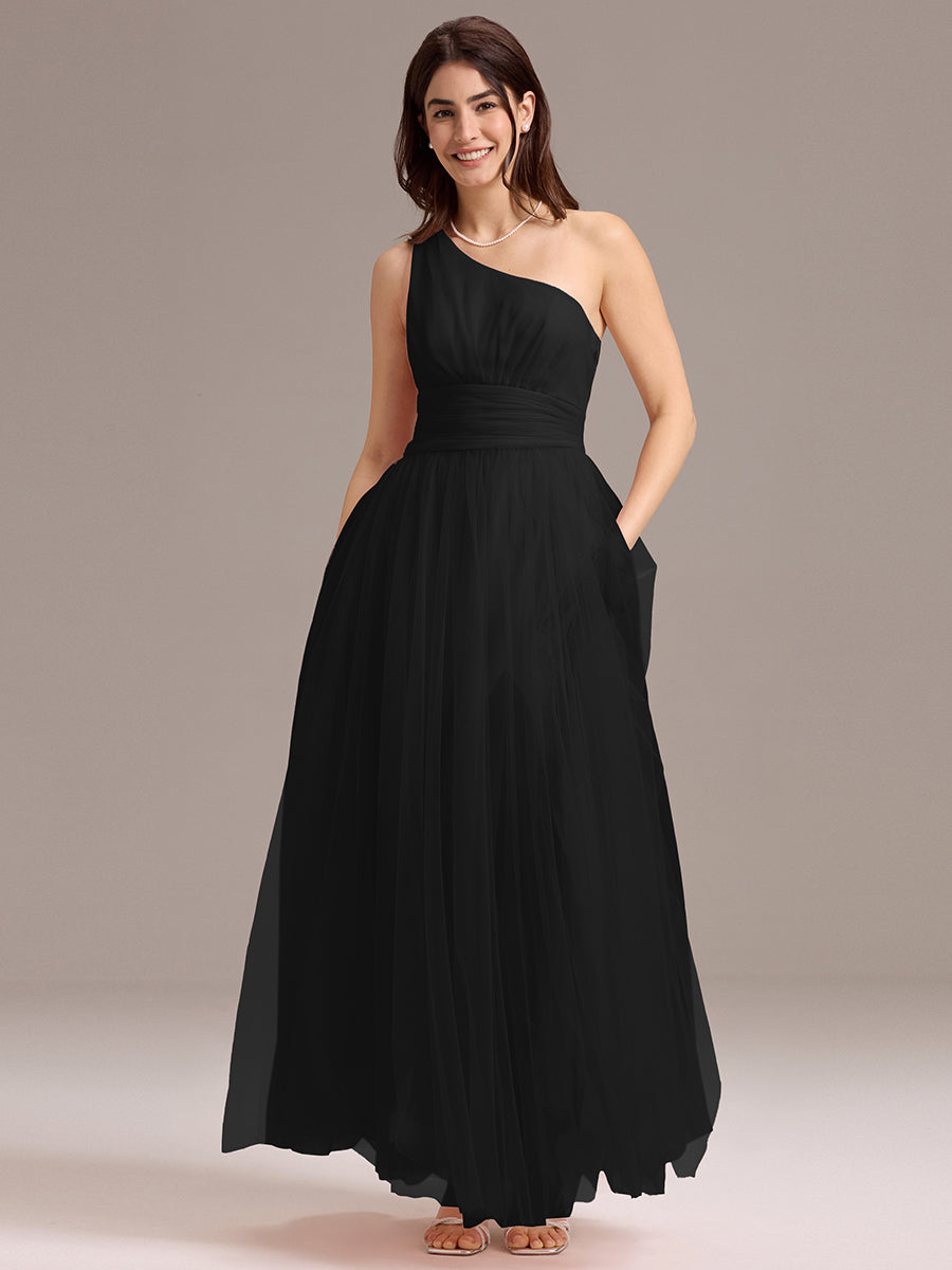 Color=Black | Custom Solutions Sleeveless Asymmetrical Pleated A-Line Floor Length Bridesmaid Dresses-Black 11