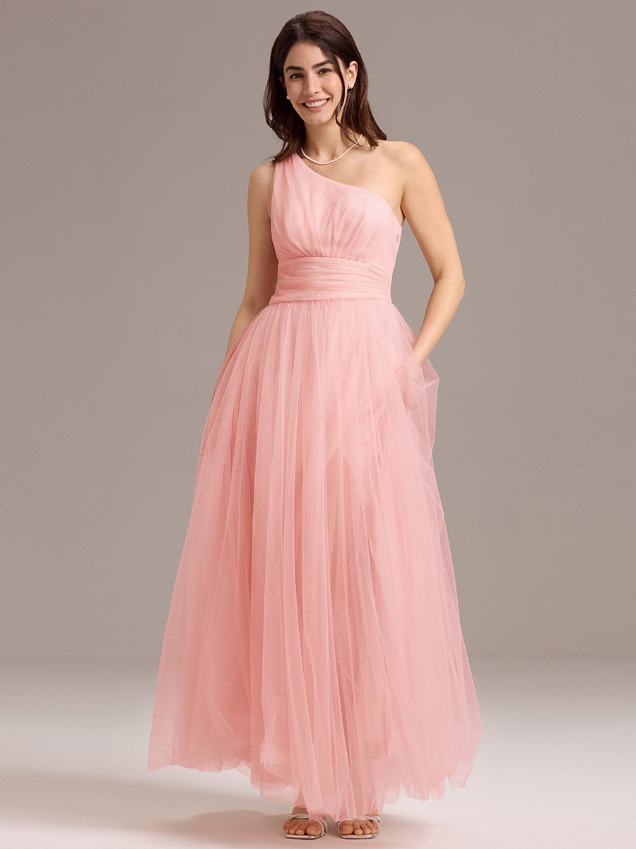 Color=Pink | Custom Solutions Sleeveless Asymmetrical Pleated A-Line Floor Length Bridesmaid Dresses-Pink 5