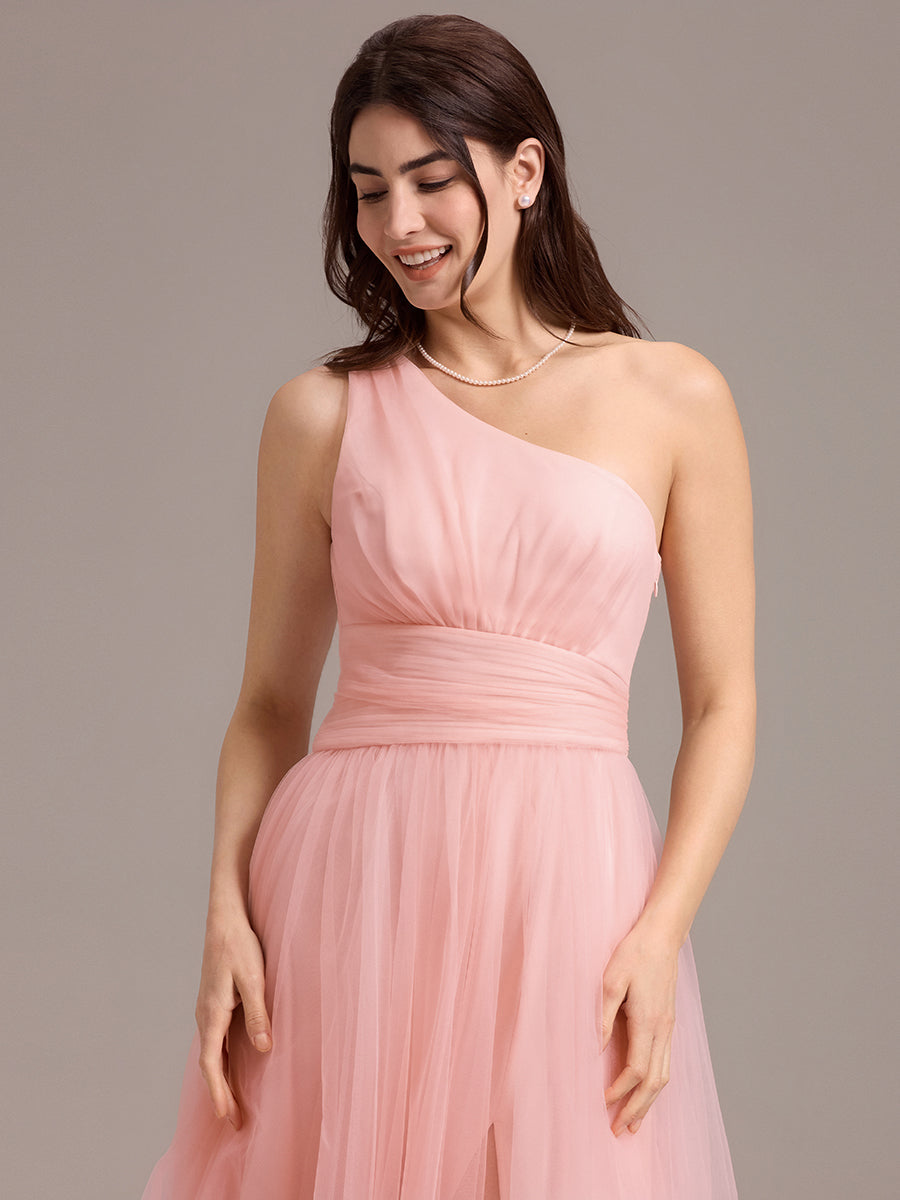Color=Pink | Custom Solutions Sleeveless Asymmetrical Pleated A-Line Floor Length Bridesmaid Dresses-Pink 3
