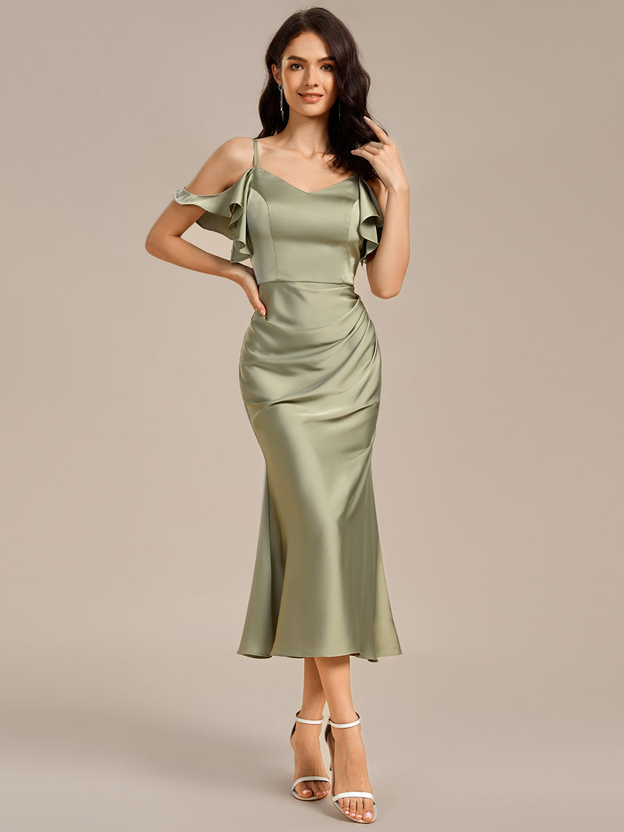 Ruffled Off Shoulder Satin Midi Mermaid Bridesmaid Dress #color_Sage Green