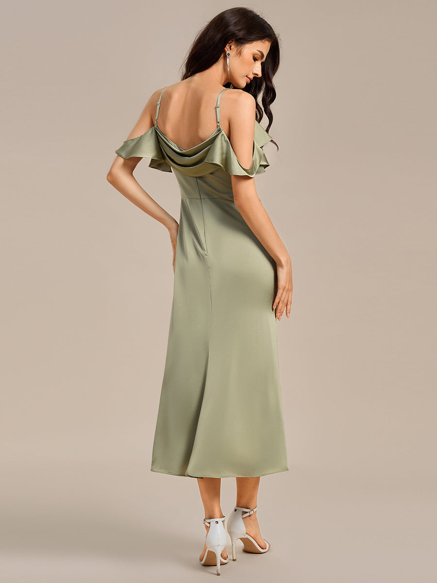 Color=Sage Green | Bulk Custom Made Sleeveless Deep V-Neck Mermaid Midi Dress with Flowing Ribbon Bridesmaid dresses-Sage Green 2