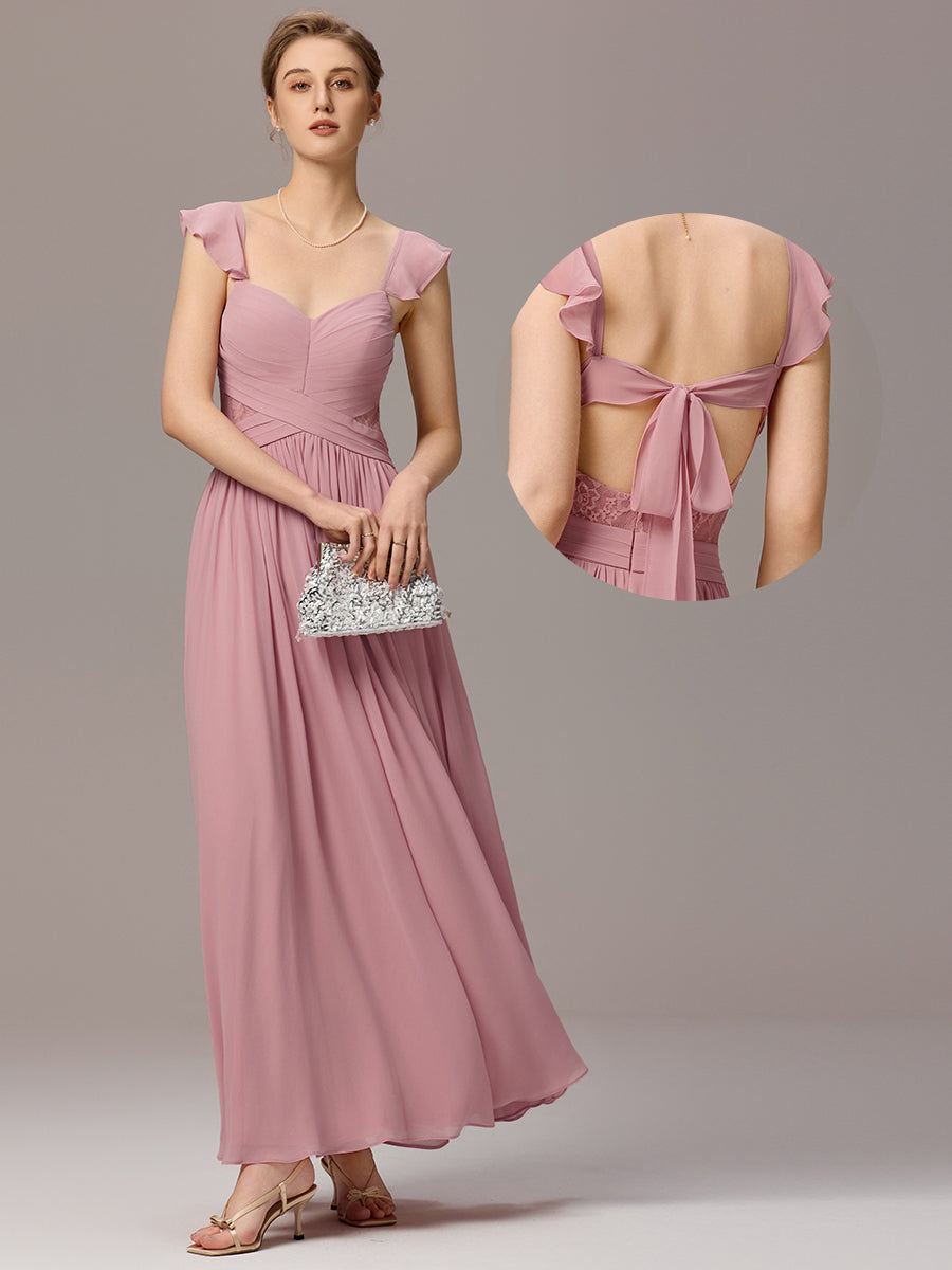 Back-Tie Pleated Ruffles Sleeves Maxi Bridesmaid Dress #color_Dusty Rose
