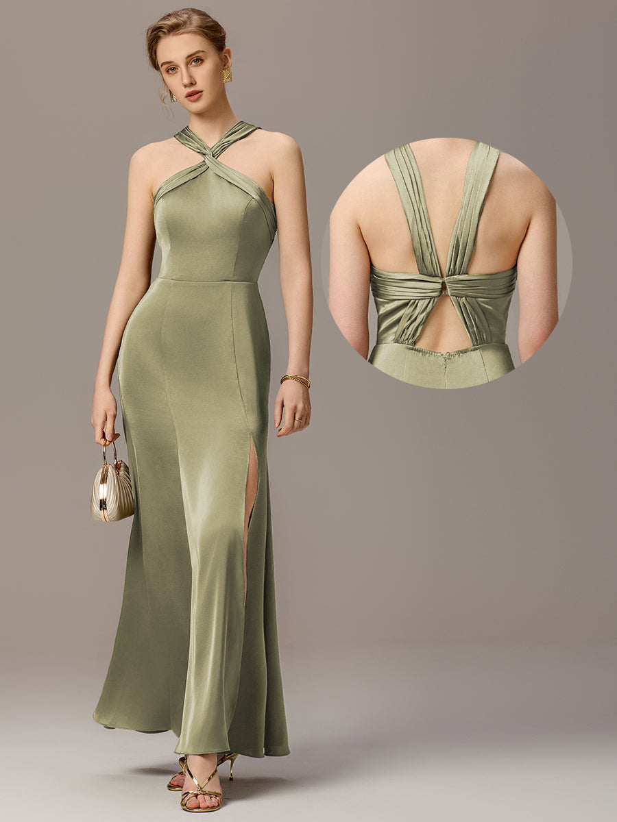 Color=Sage Green | Satin Cross Halter Sleeveless Maxi Bridesmaid Dress Custom-Sage Green 7