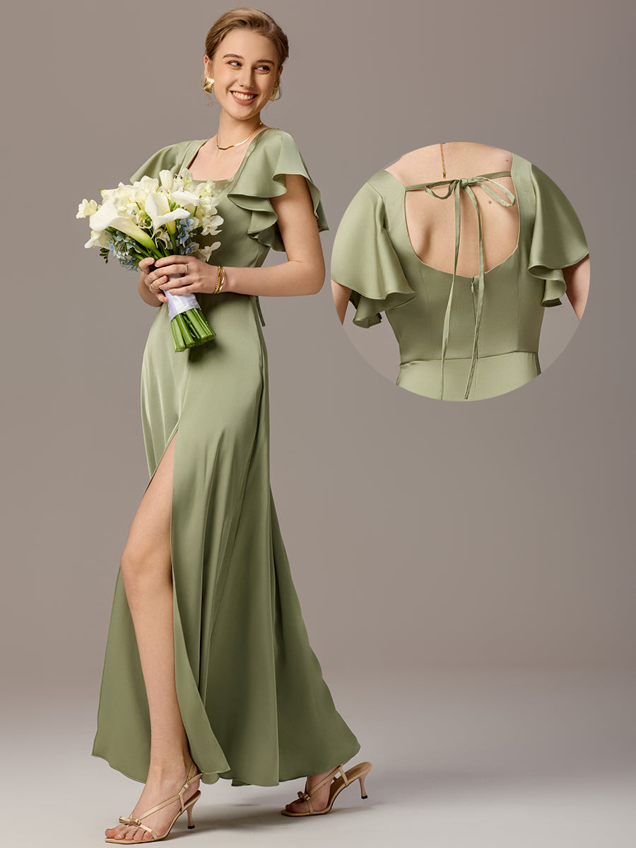 Color=Sage Green | Customized Satin Square Neck Short Sleeve Ruffled Maxi Bridesmaid Dress with Pockets-Sage Green 1