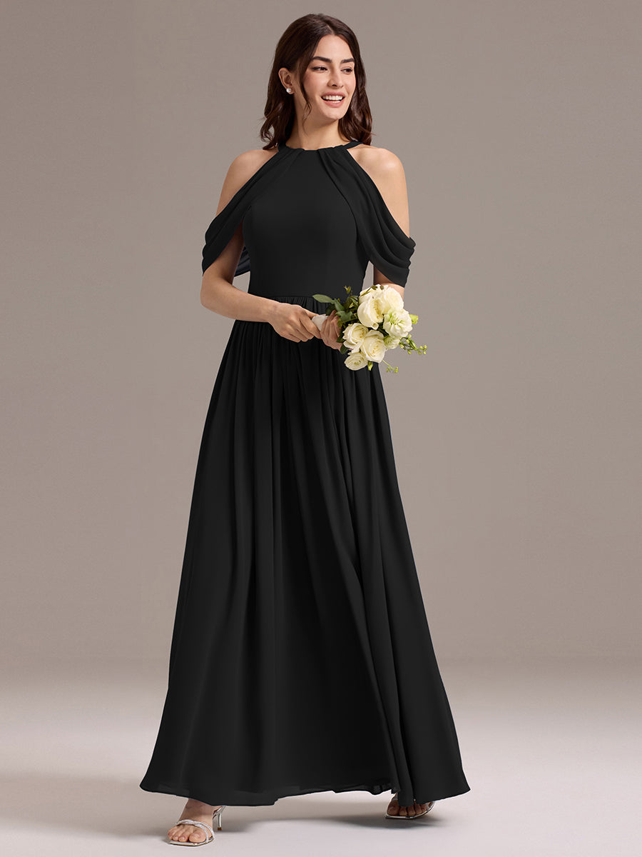 Elegant Chiffon Cold Shoulder A-Line Bridesmaid Dress with Draped Sleeves #color_Black