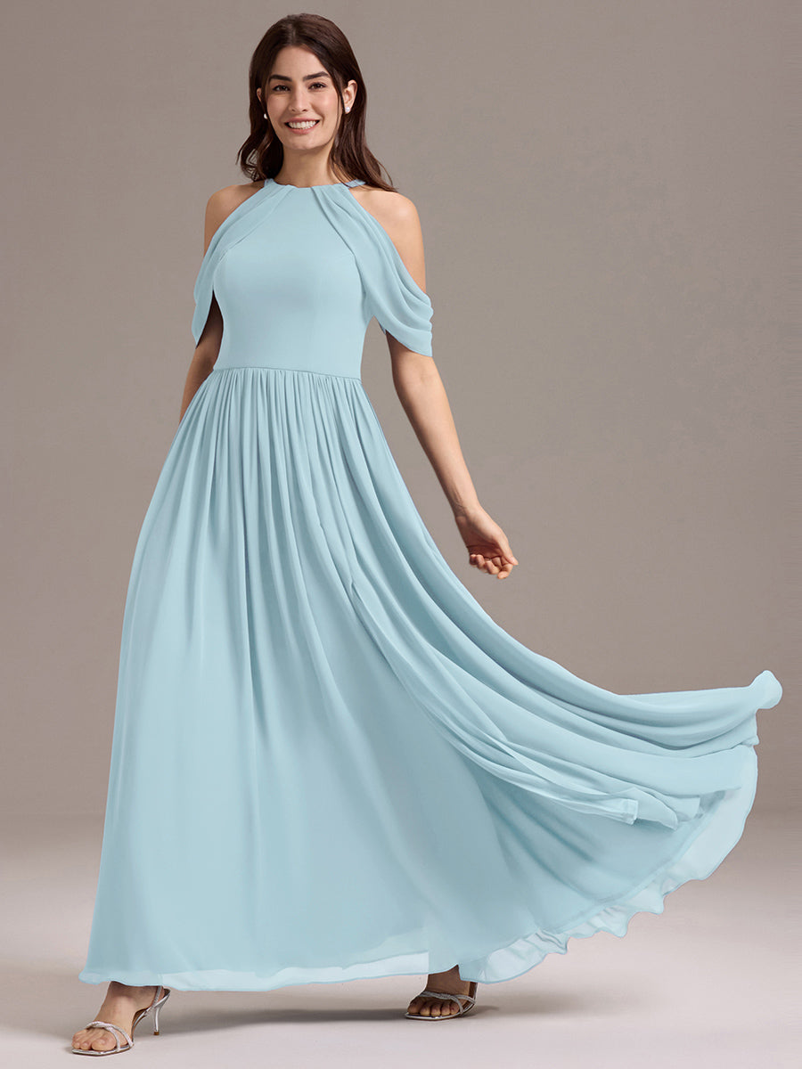 Elegant Chiffon Cold Shoulder A-Line Bridesmaid Dress with Draped Sleeves #color_Sky Blue