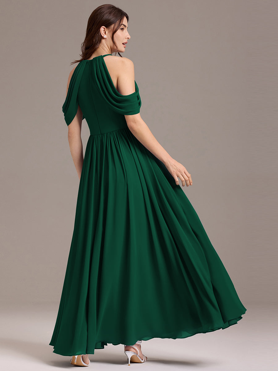 Elegant Chiffon Cold Shoulder A-Line Bridesmaid Dress with Draped Sleeves #color_Dark Green