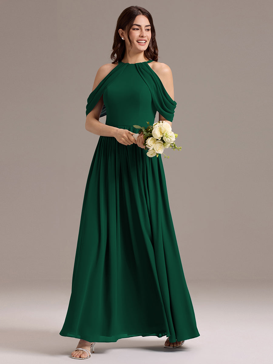 Elegant Chiffon Cold Shoulder A-Line Bridesmaid Dress with Draped Sleeves #color_Dark Green