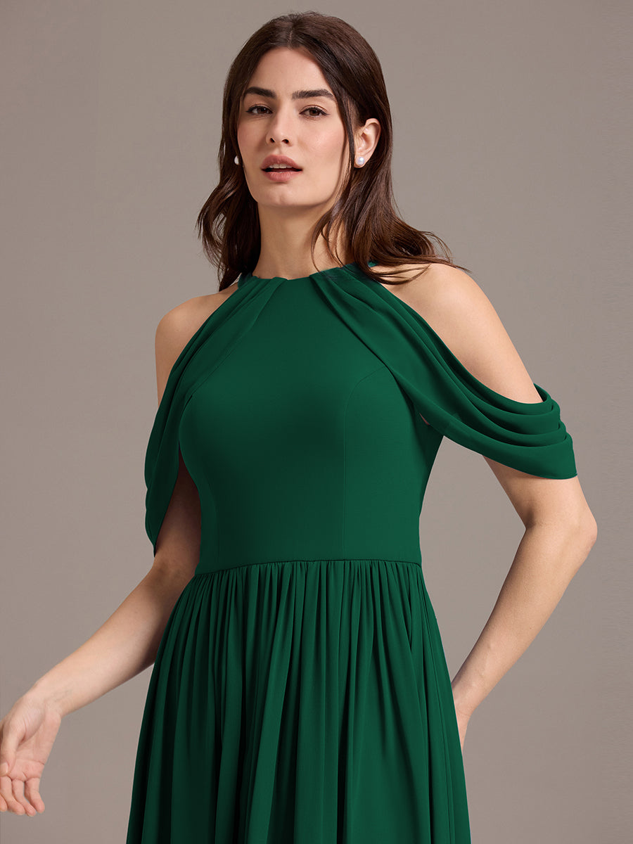 Elegant Chiffon Cold Shoulder A-Line Bridesmaid Dress with Draped Sleeves #color_Dark Green