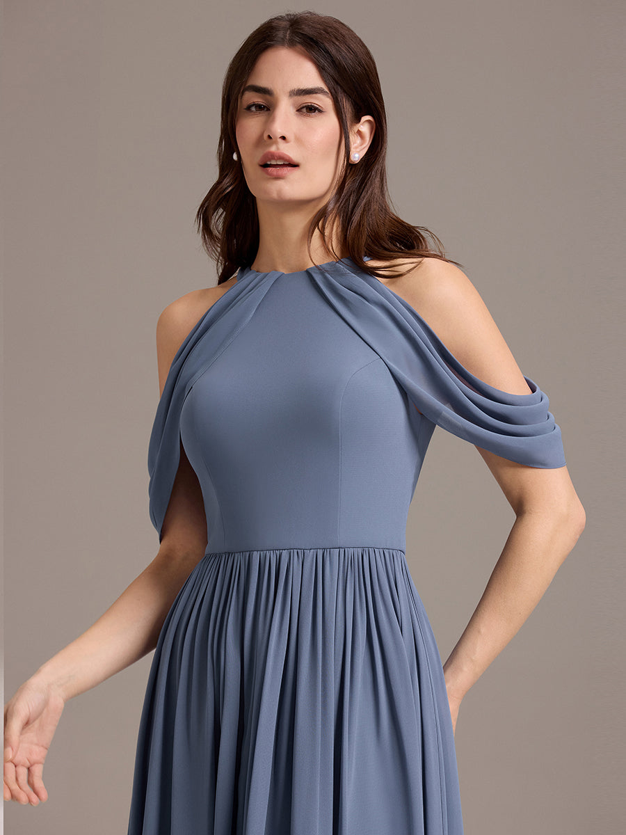 Elegant Chiffon Cold Shoulder A-Line Bridesmaid Dress with Draped Sleeves #color_Dusty Blue