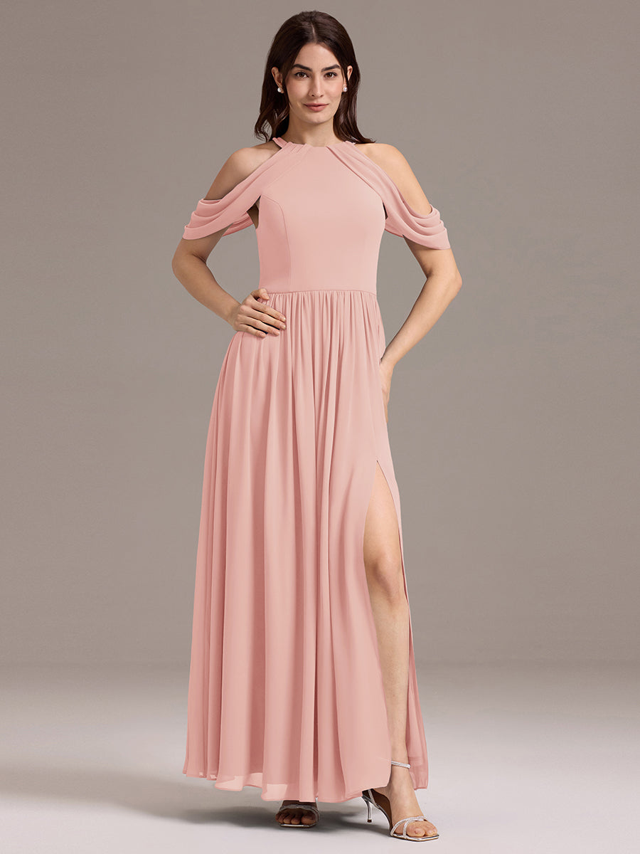 Elegant Chiffon Cold Shoulder A-Line Bridesmaid Dress with Draped Sleeves #color_Pink