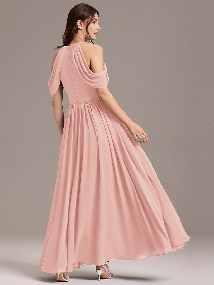 Elegant Chiffon Cold Shoulder A-Line Bridesmaid Dress with Draped Sleeves #color_Pink
