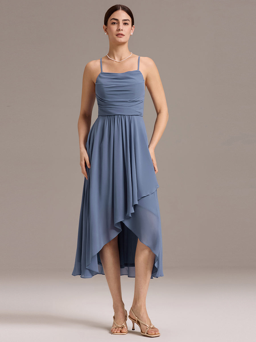 Color=Dusty Blue | Custom Solutions Sleeveless Cowl Neck High-Low A-Line Non-Stretch Bridesmaid Dresses-Dusty Blue 1