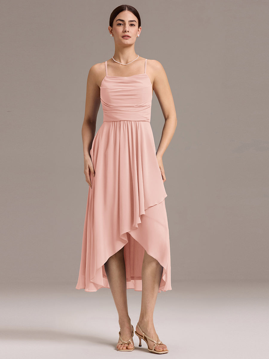 Color=Pink | Custom Solutions Sleeveless Cowl Neck High-Low A-Line Non-Stretch Bridesmaid Dresses-Pink 26