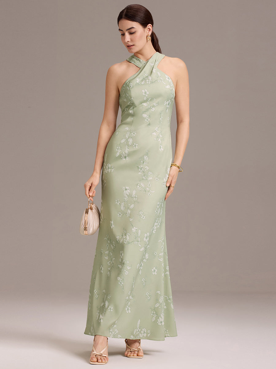 Elegant Cross Halter Neck Floral Satin Bridesmaid Dress with Bow Back #color_Vintage Primrose Celadon