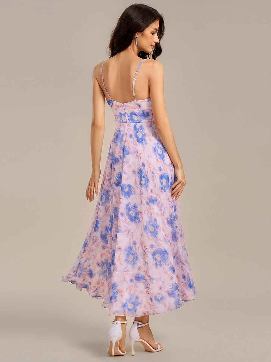 Ruffled Floral V-Neck A-line Maxi Side split Bridesmaid Dress #color_Azure Bream