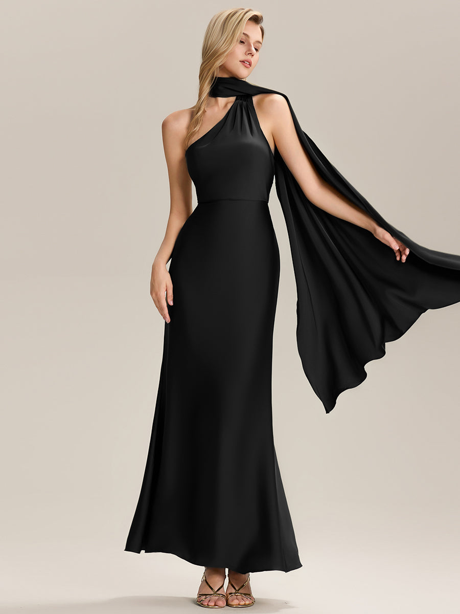 Color=Black | Custom Made Short Sleeves V-Neck Backless Fishtail Floor Length Bridesmaid Dresses-Black 1