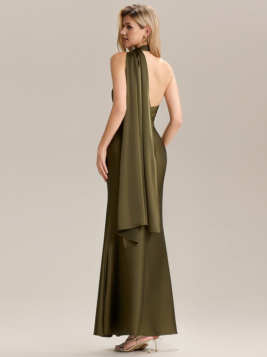Color=Olive Green | Custom Made Short Sleeves V-Neck Backless Fishtail Floor Length Bridesmaid Dresses-Olive Green 8
