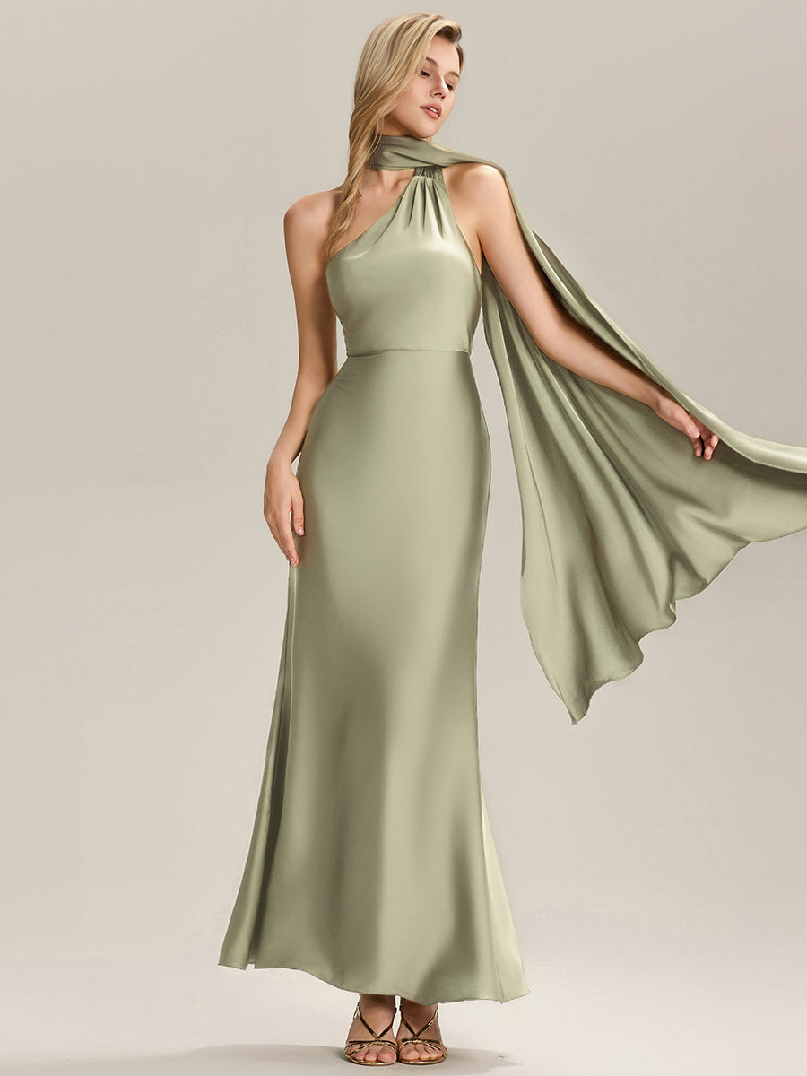 Color=Sage Green | Custom Made Short Sleeves V-Neck Backless Fishtail Floor Length Bridesmaid Dresses-Sage Green 12