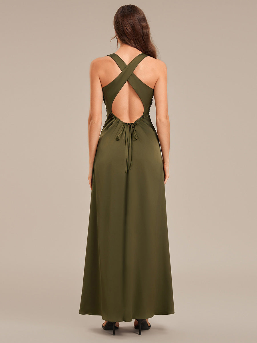 Color=Olive Green | Custom Solutions Sleeveless Halter Neck Backless A-Line Floor Length Bridesmaid Dresses-Olive Green 7
